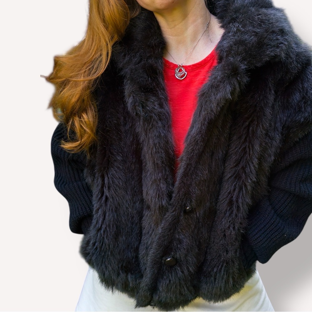 Jordache Faux Fur Knit Bomber Jacket Black Winter Vintage Large